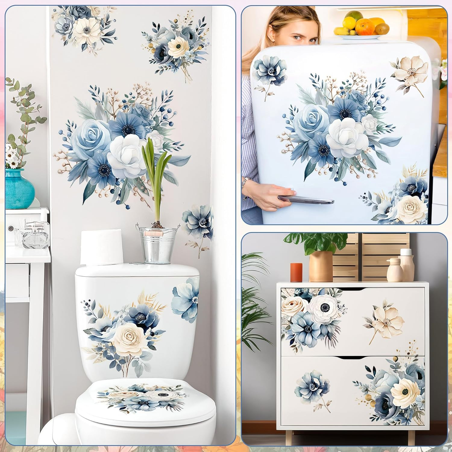 Blue Peony Flower Wall Decals Peel and Stick Rose Leaf Botanical Wall Stickers R
