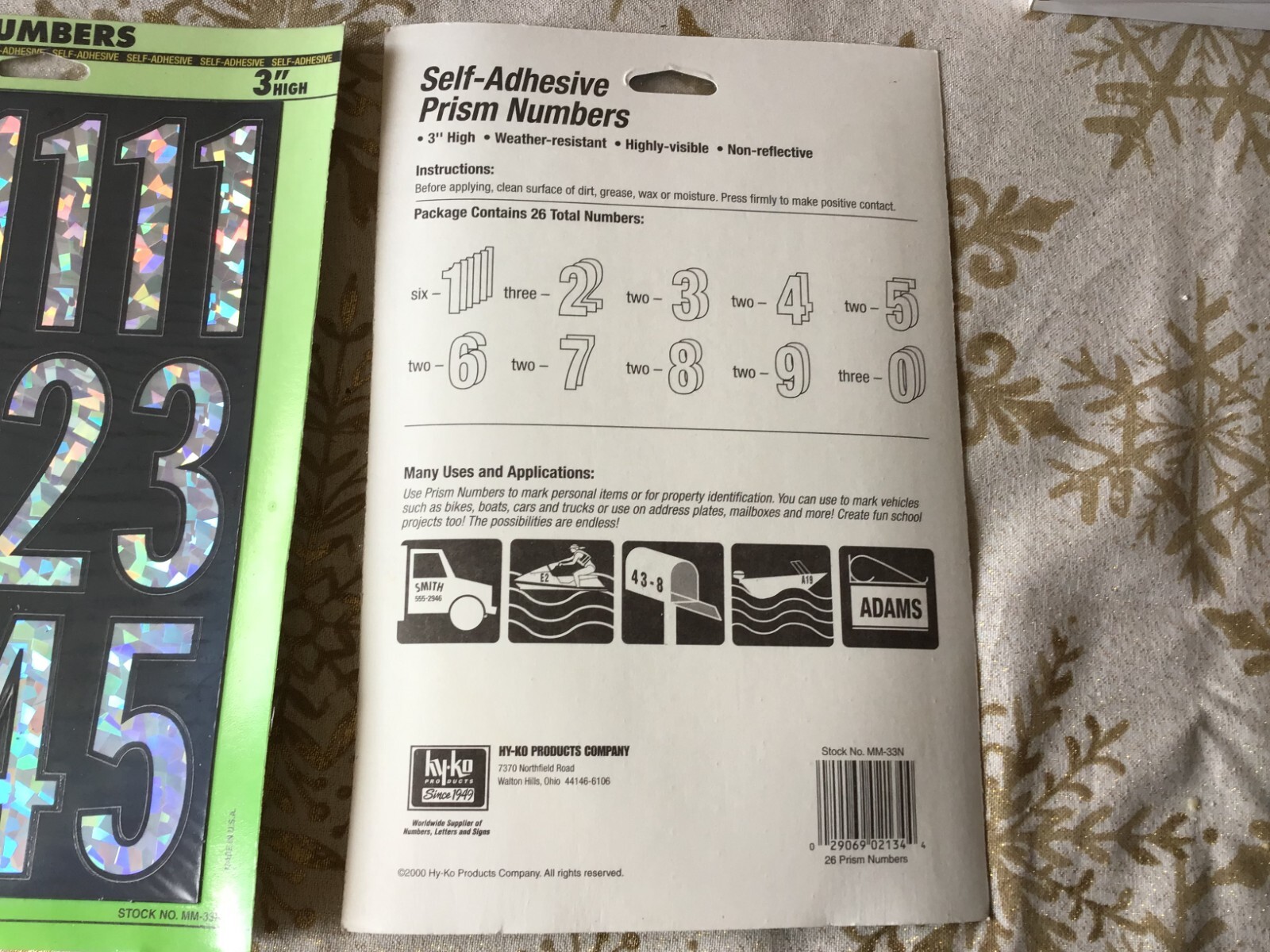 LOT OF 3 Hy-Ko Products Self Stick Adhesive Prism Numbers 3" White and Black