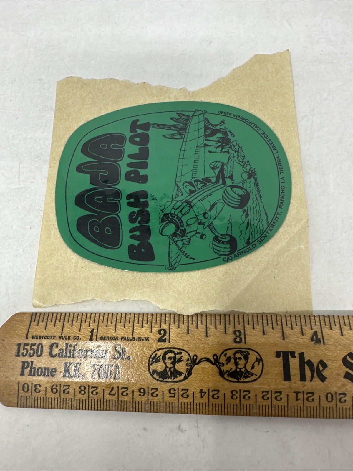 Vtg Baja Bush Pilot Green Sticker Decal Arnold Senterfitt Airplane 3 5/8" Rare