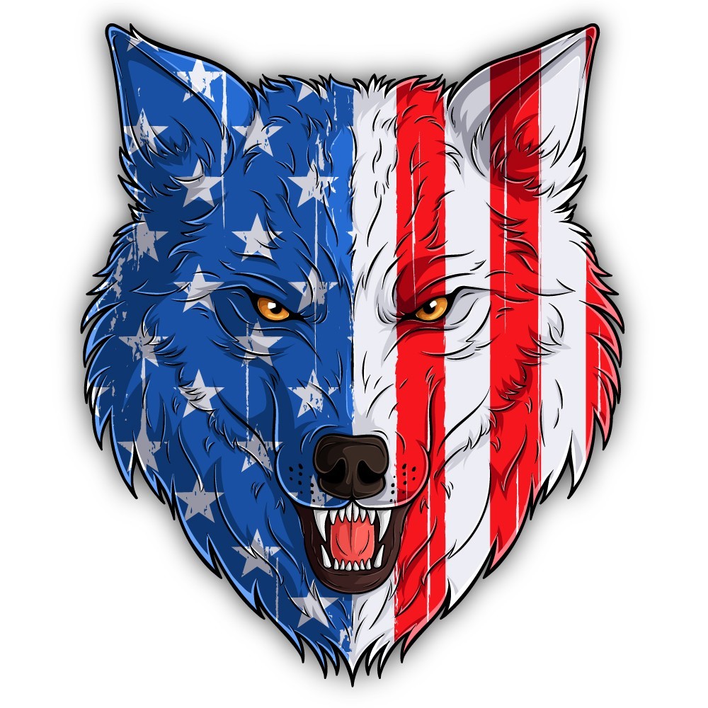 Wolf Growling American Flag Cut To Shape Vinyl Sticker