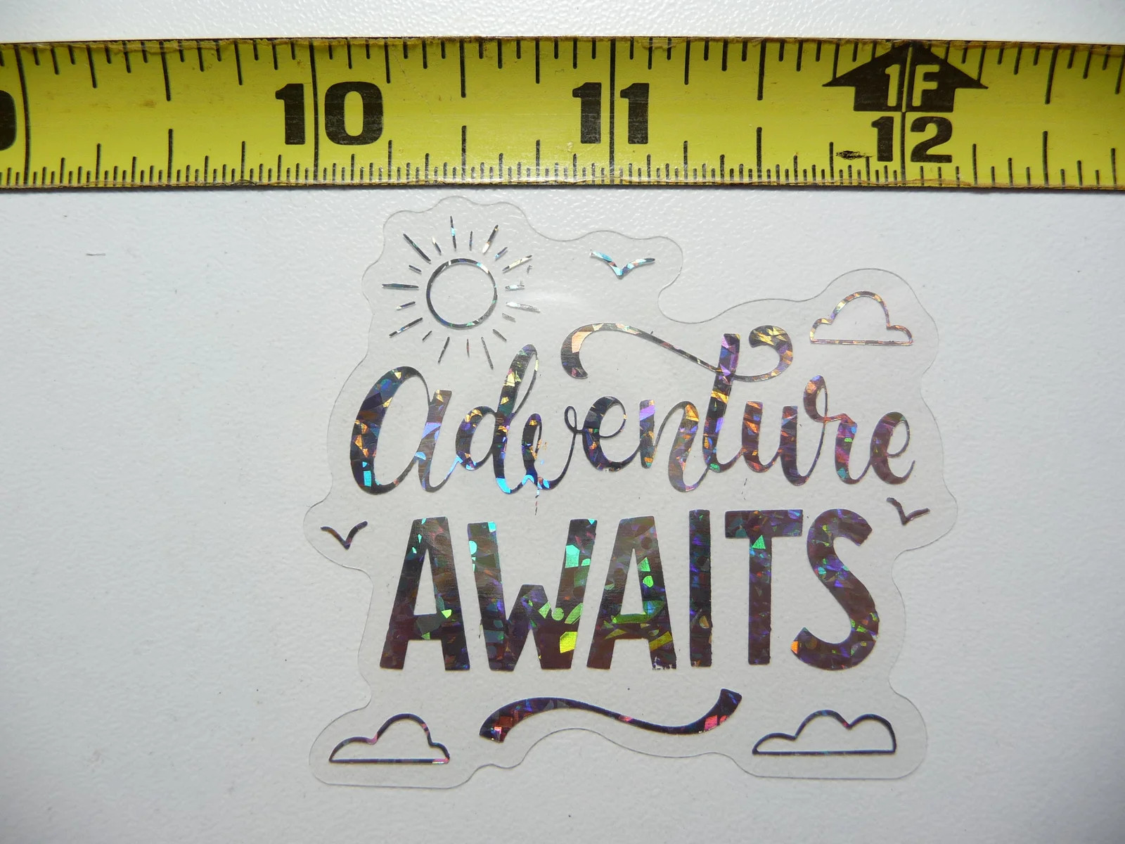 ADVENTURE AWAITS SUN CLOUDS SMALL STICKER DECAL HOLOGRAPHIC MOTIVATIONAL