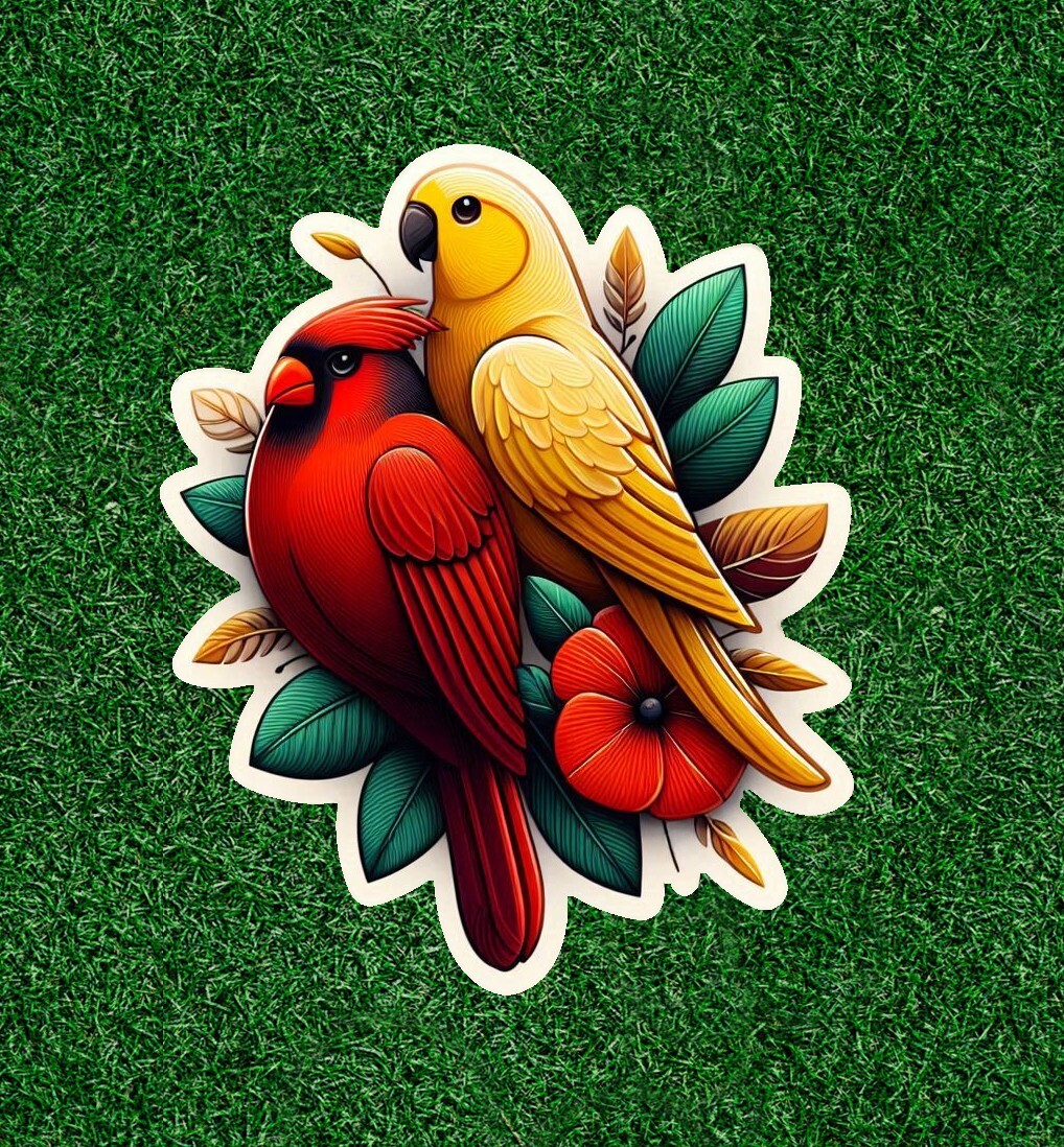 Beautiful red cardinal and yellow parakeet waterproof vinyl sticker – many sizes