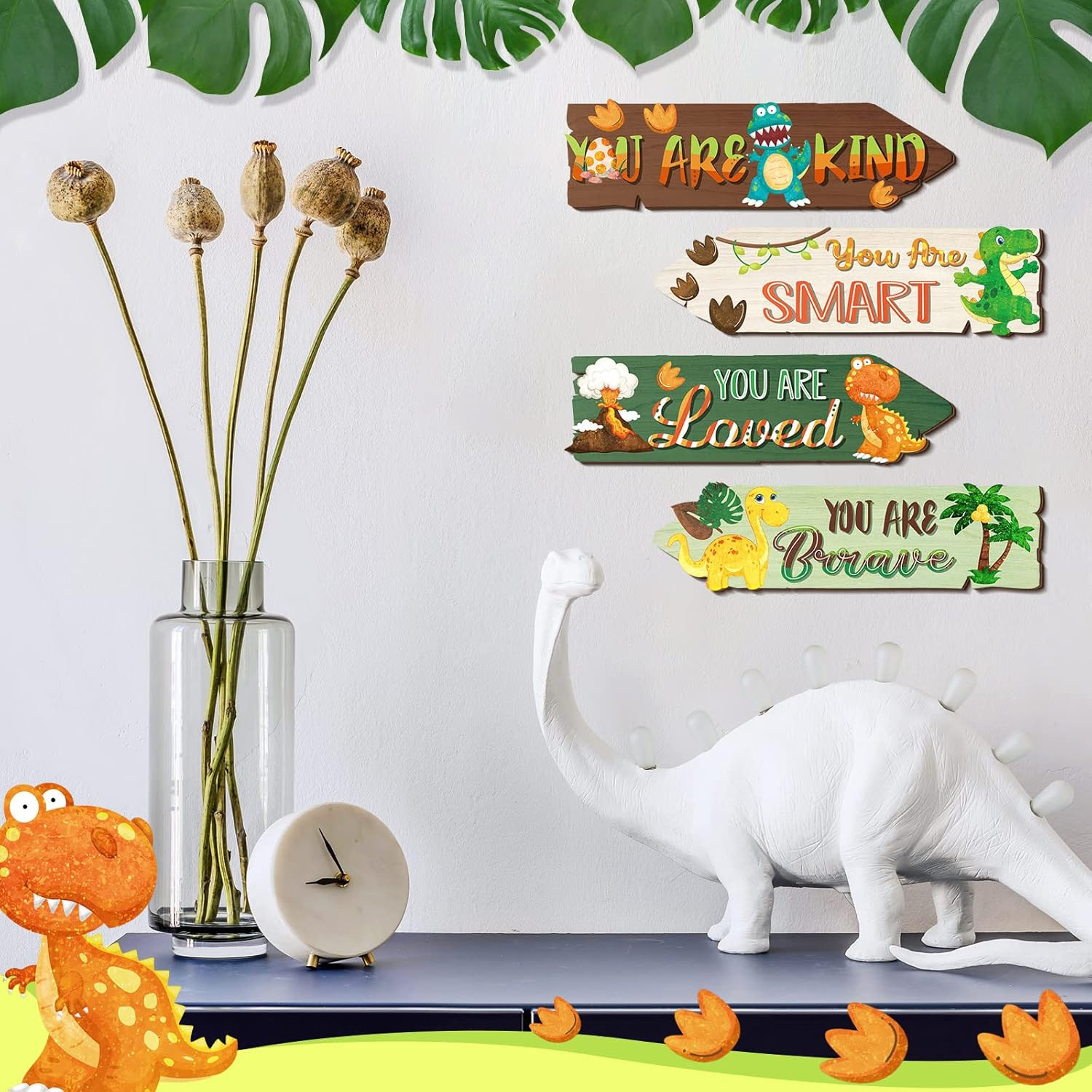 4 Pieces 11.2 X 3 Inch Dinosaur Motivational Wall Art Decors Dinosaur Wooden Han
