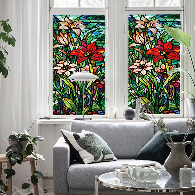 Flower Stained Glass Window Film Privacy Frosted Glass Film Static Cling Sticker