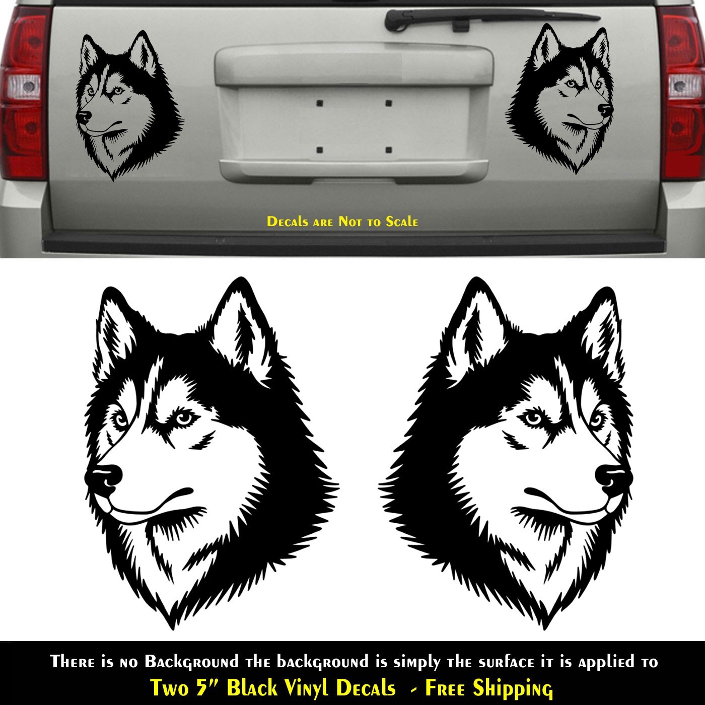 Husky Dog Two PK 5" Black Vinyl Decals Mirrored Car Truck Bumper Door Mailbox