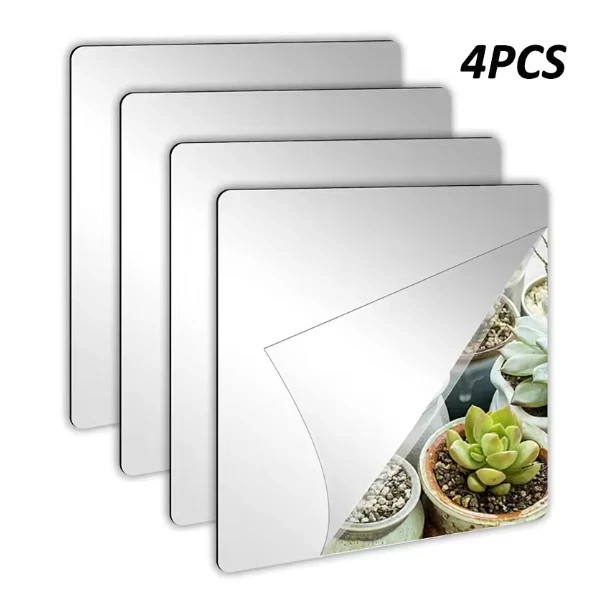 4 Pcs Non Glass Mirror Flexible Mirror Sheets Self-Adhesive Plastic Mirror Tiles