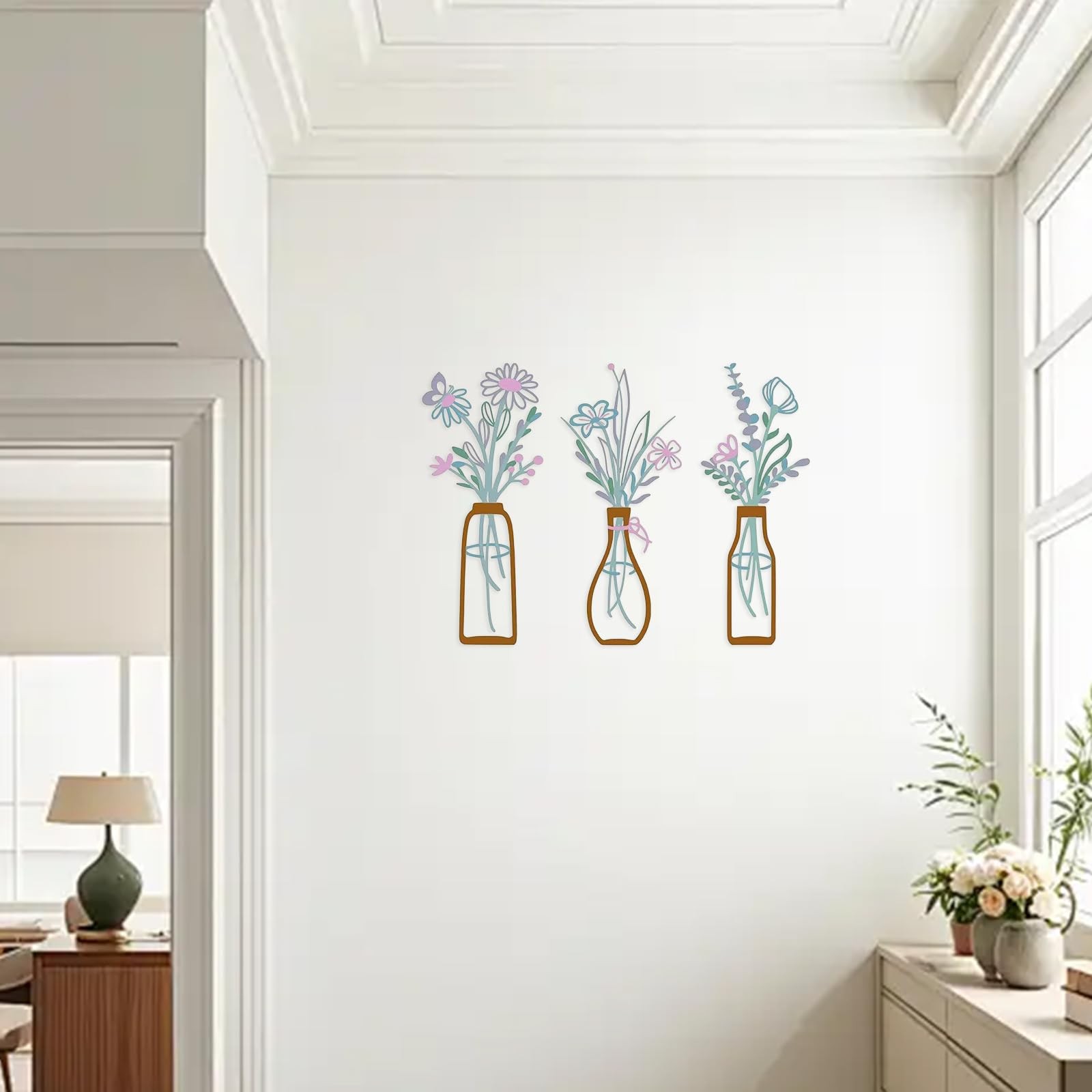 3 PCS Metal Flower Wall Art, 5.1 X 2.1 Inch Iron Vase Wall Decor, Wall Decals…