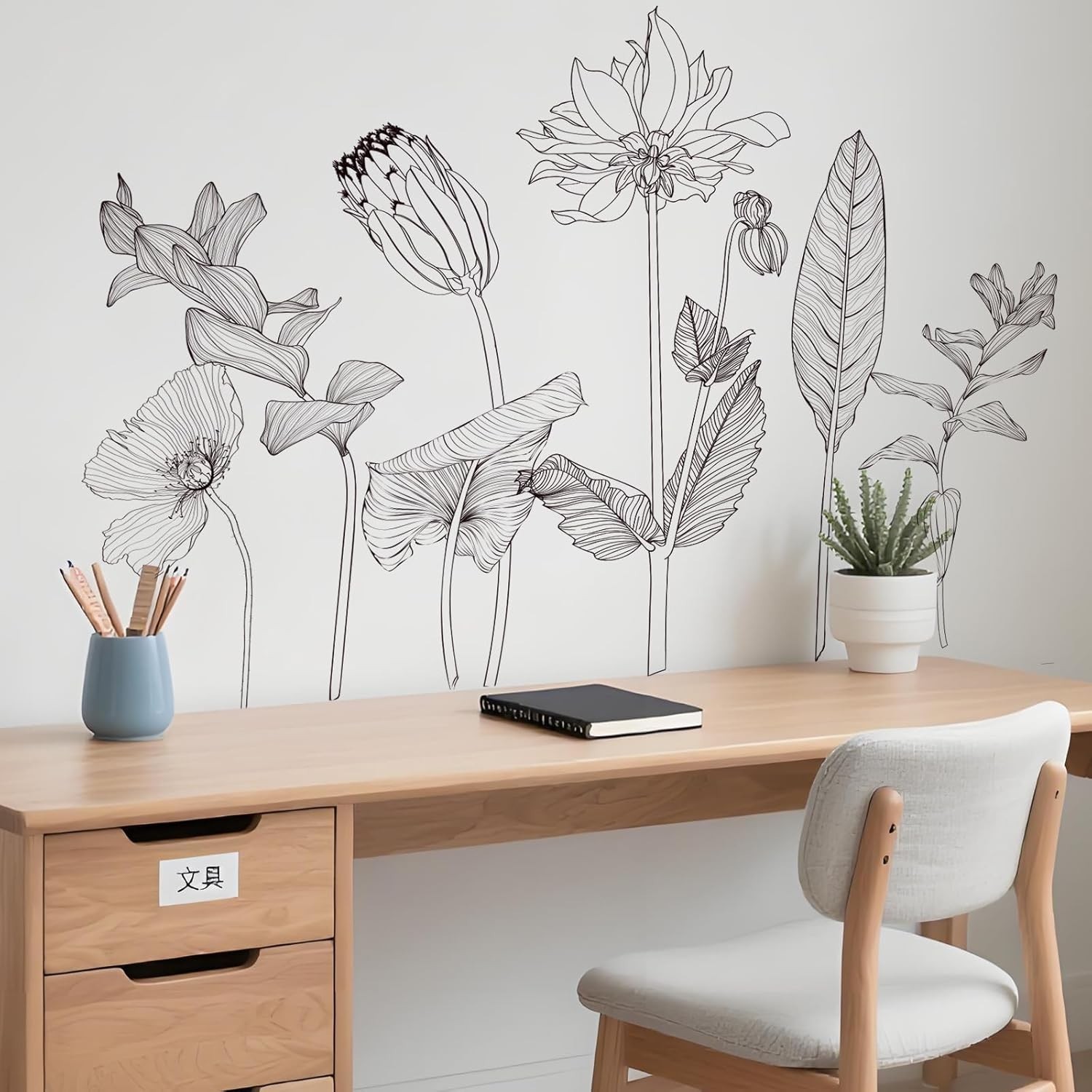 Minimalist Floral Wall Decals Line Art Flower & Leaf Wall Stickers Removable