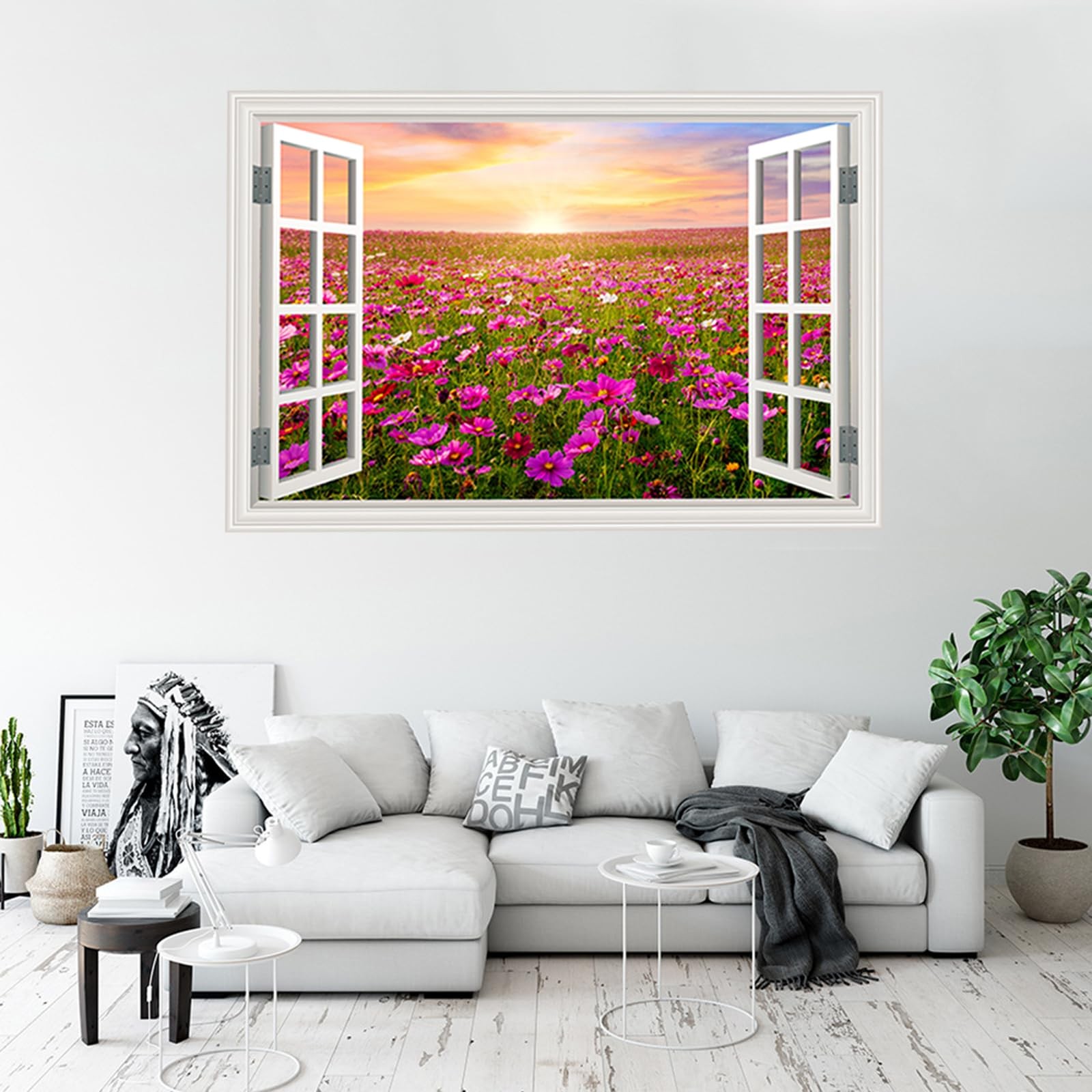 Fake Window Wall Sticker Sunset Pink Flower Garden Poster Picture Open Office…