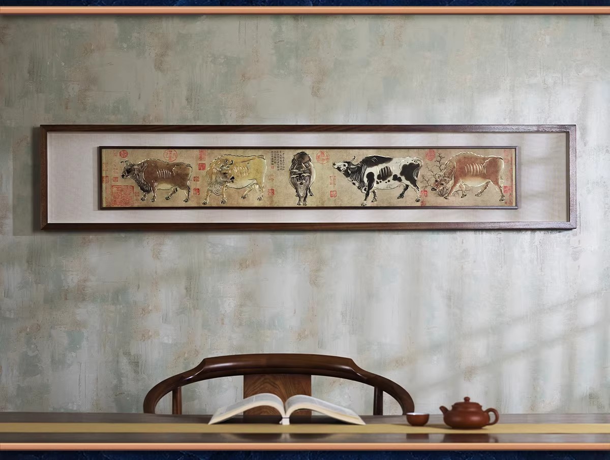 Handmade Bronze Sculpture Painting Five Oxen Chinese Style Decorative Wall Art