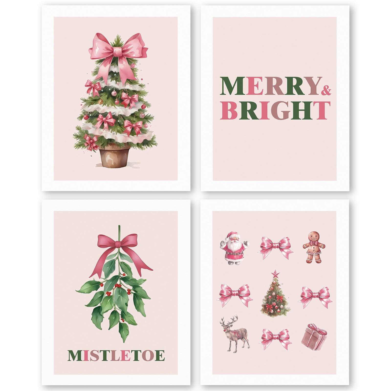 QLMX Coquette Pink Christmas Wall Art Prints Set of 4, Mistletoe Wall Decor, …