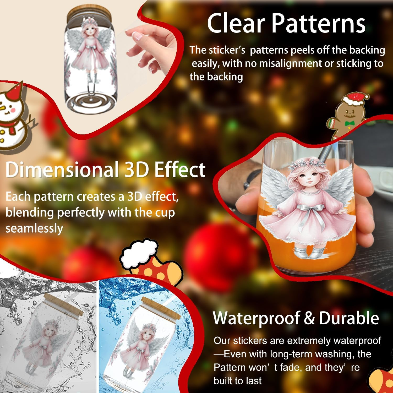 8PCS Christmas Elf Style UV DTF Stickers | 16 Oz Glass Cup Wraps, DIY Decals for