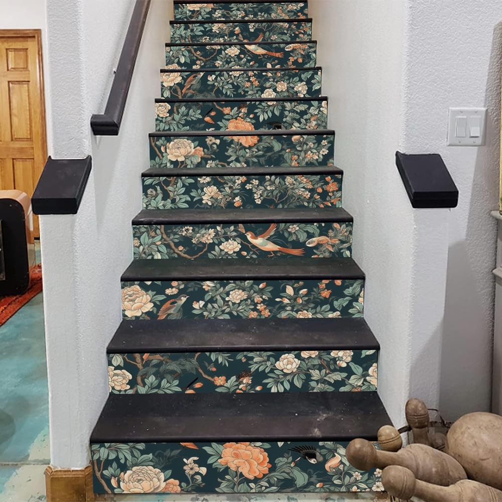 REDAMANCY Vintage Peony Flowers Bird Forest Tree Peel and Stick Vinyl Stair R…