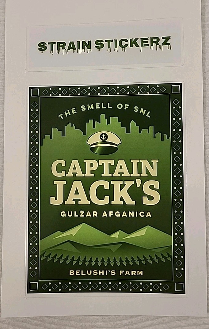 Captain Jack's, 2 of 3in. x 4in. Vinyl Dispensary Stickers, Strainstickerz, 420