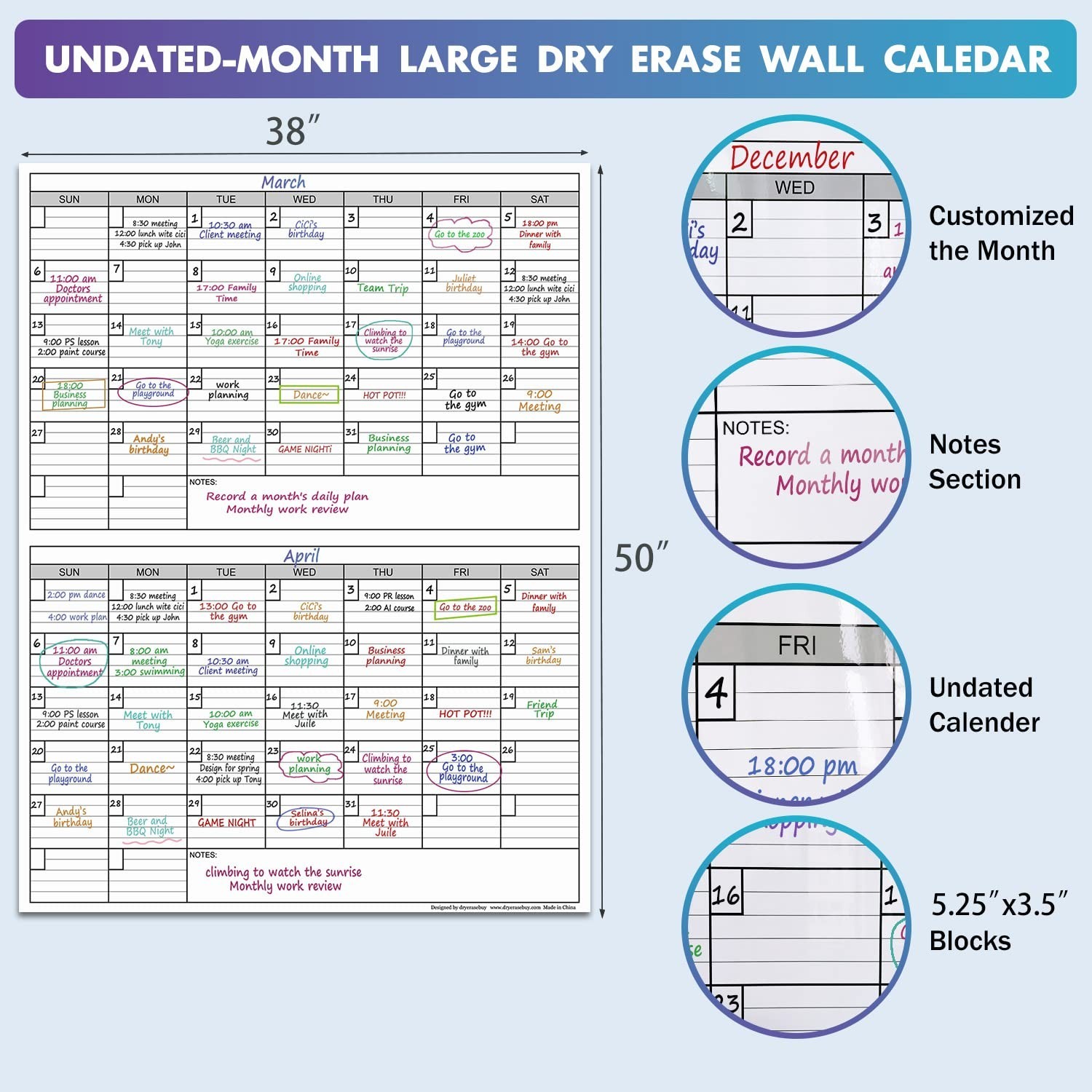 Dry Erase Two Month Laminated jumbo Wall Calendar, 38" x 50", Huge bimonthly …