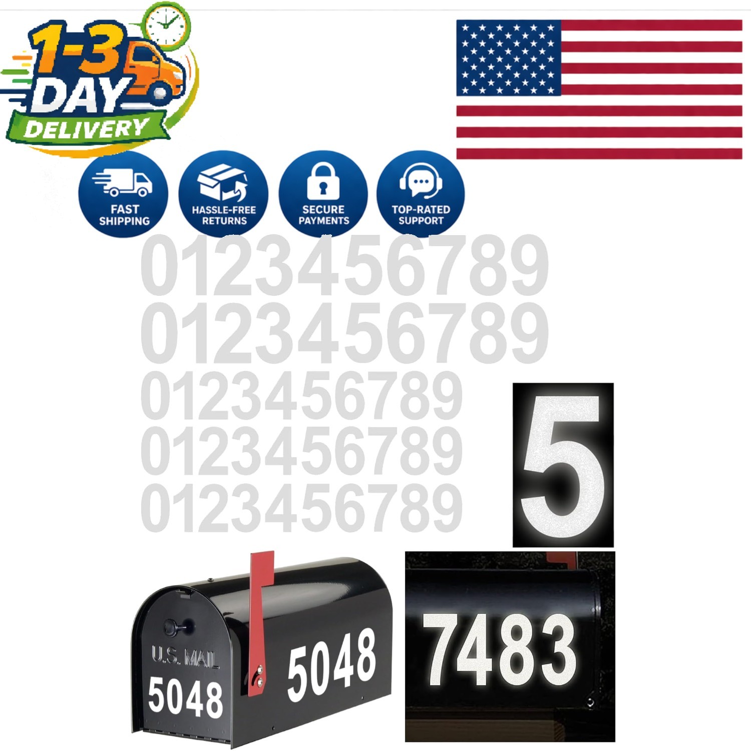 Reflective Vinyl Mailbox Number Decals – 50 Waterproof Self-Adhesive Numbers
