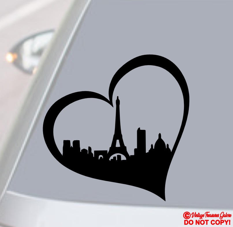 PARIS FRANCE HEART SKYLINE EIFFEL TOWER Vinyl Decal Sticker Window Wall Bumper