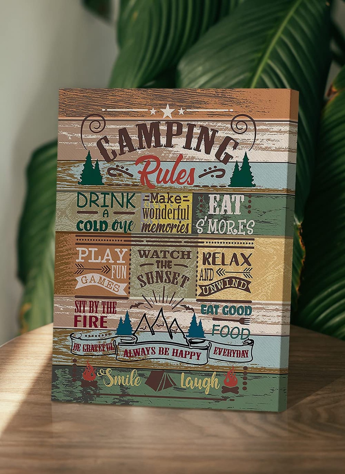 Camping Rules Play Fun Relax Smile Laugh Wood Grain Pattern Wall Art Prints A…