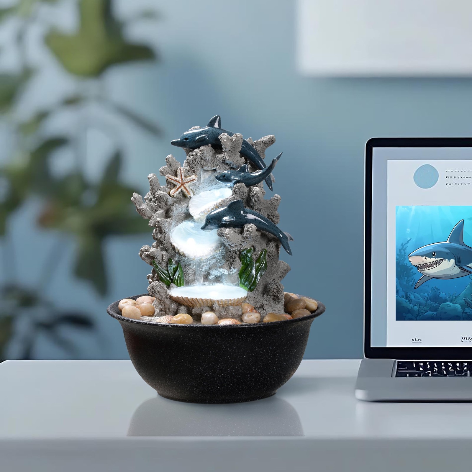 Indoor Tabletop Dolphin Water Fountain with LED Light – Ocean Theme Desk D