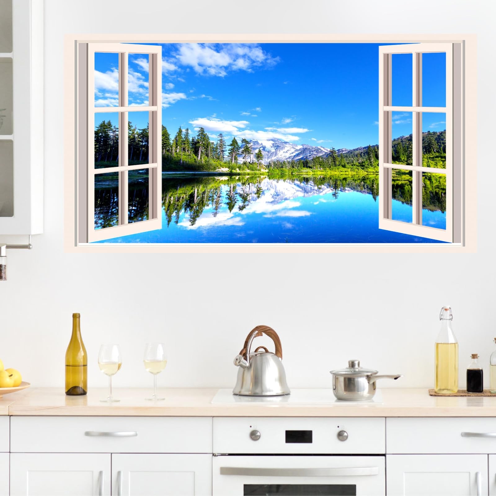 Fake Window Wall Stickers 3D Forest Lake View Mountain 3d Scenery a