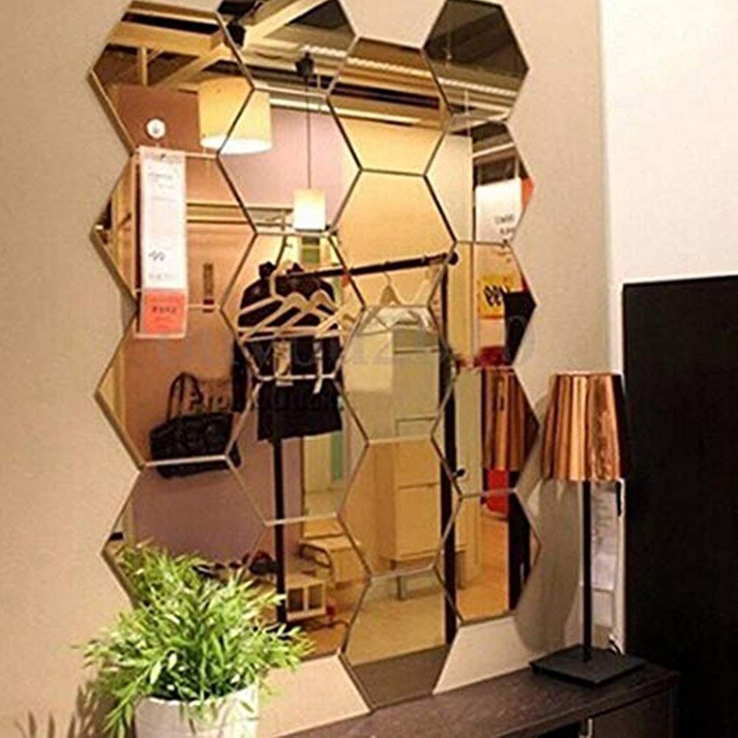 Lightweight Gold Hexagon Mirror Stickers – 12PCS, Easy Home Decor Solutions