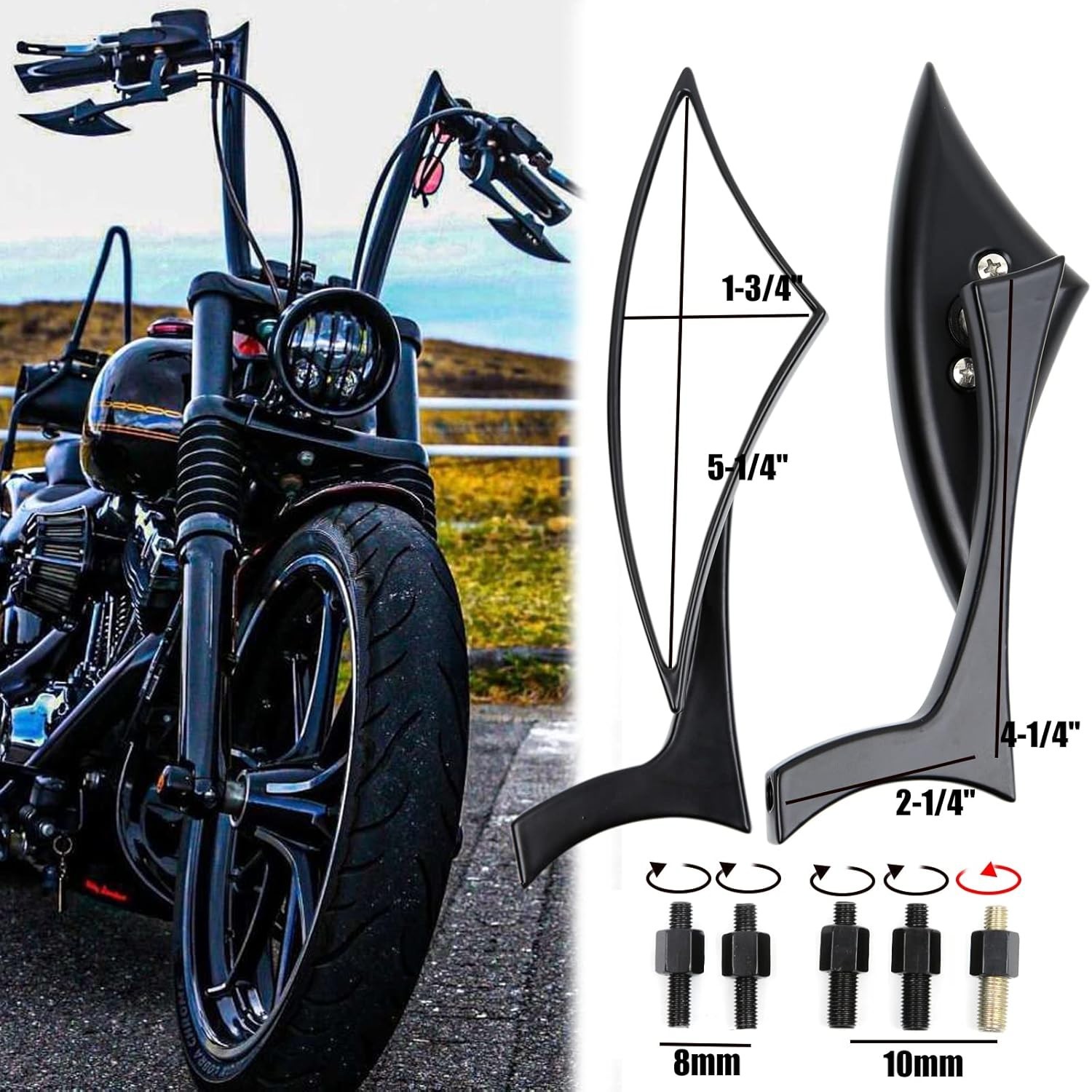 8Mm 10Mm Black Motorcycle Rearview Side Mirrors Blade Compatible with Harley Spo