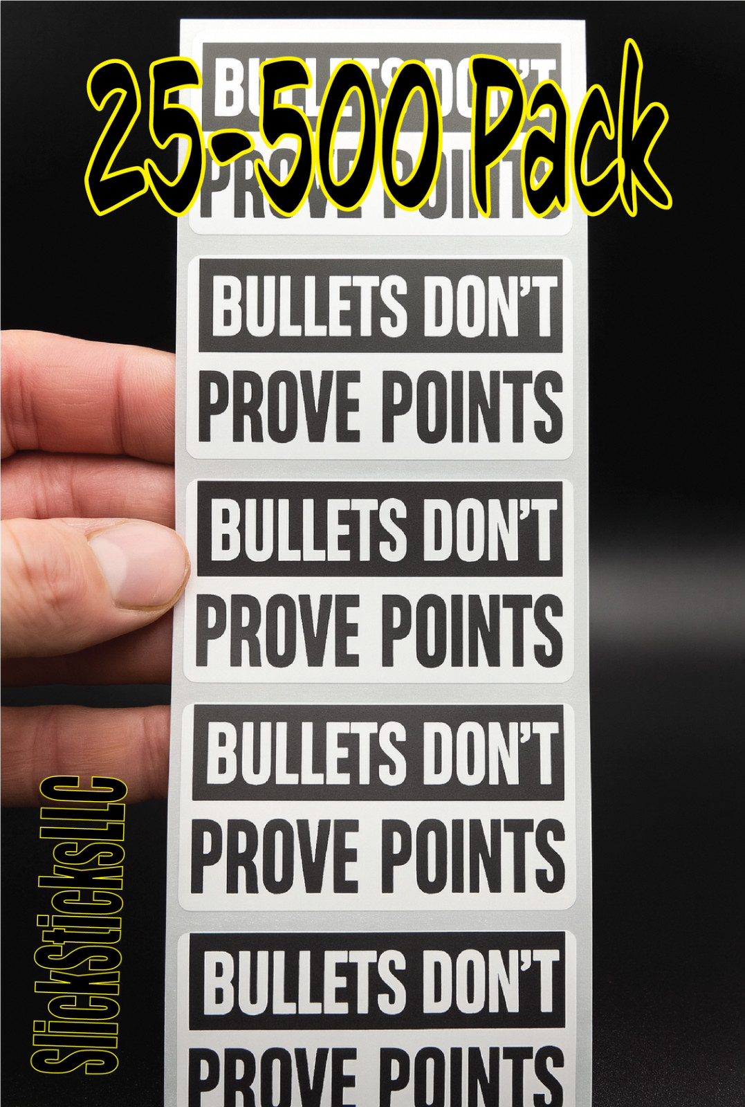 "BULLETS DON'T PROVE POINTS" 25-500pc stickers bulk labels silence opinion kirk