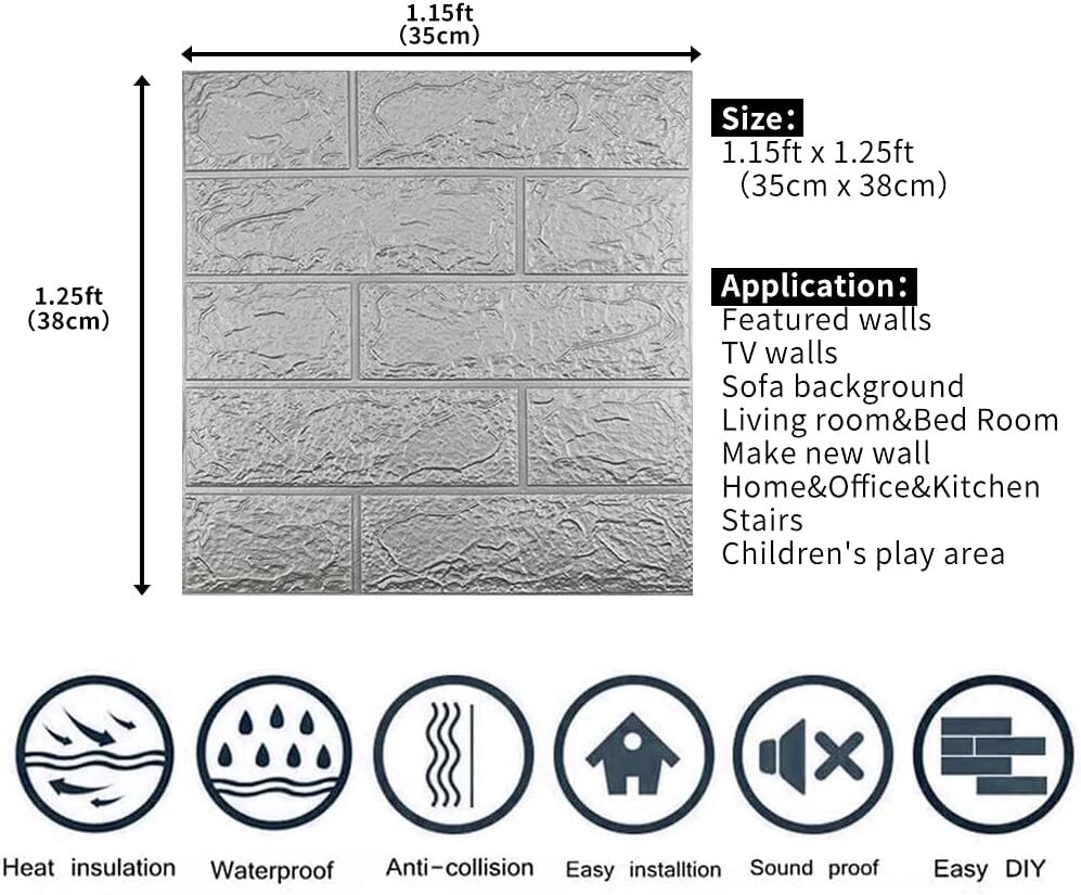 Silver 3D Tile Brick Wall Sticker Self-adhesive Foam Panel Wallpaper 14.5 SQ FT