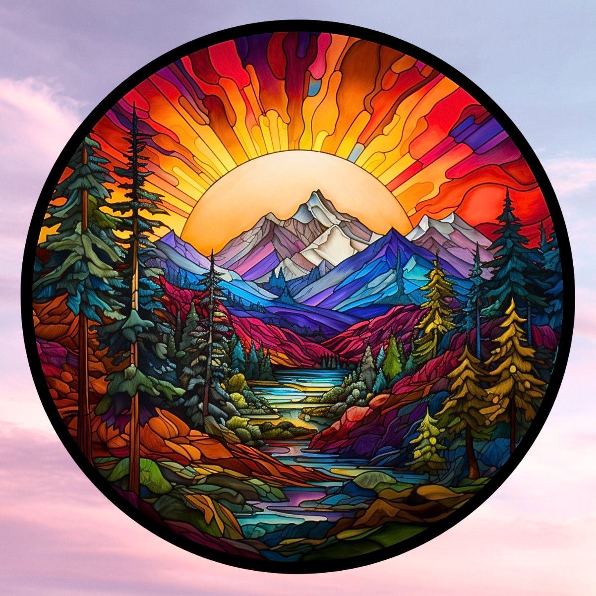 Sunset on Mountains & Trees Faux Stained-Glass WINDOW CLING Size 8" Round Vinyl