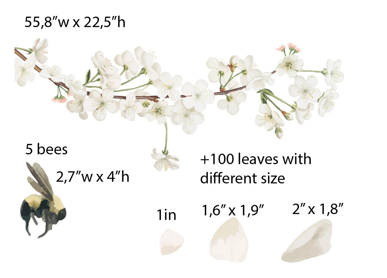 Large Apple Tree Branch Wall Sticker Bee Decals White Flower Greenery Twig LF564