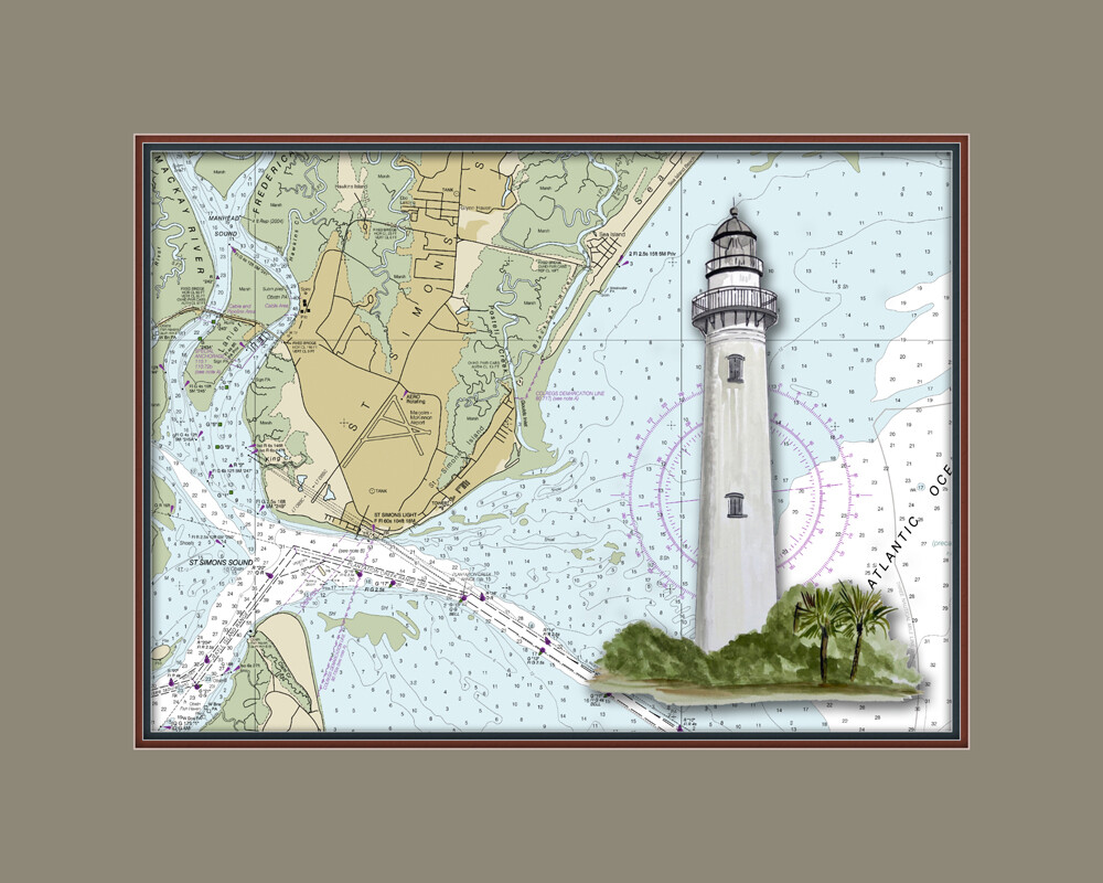 St. Simons, GA Lighthouse and Nautical Chart High Quality Canvas Print