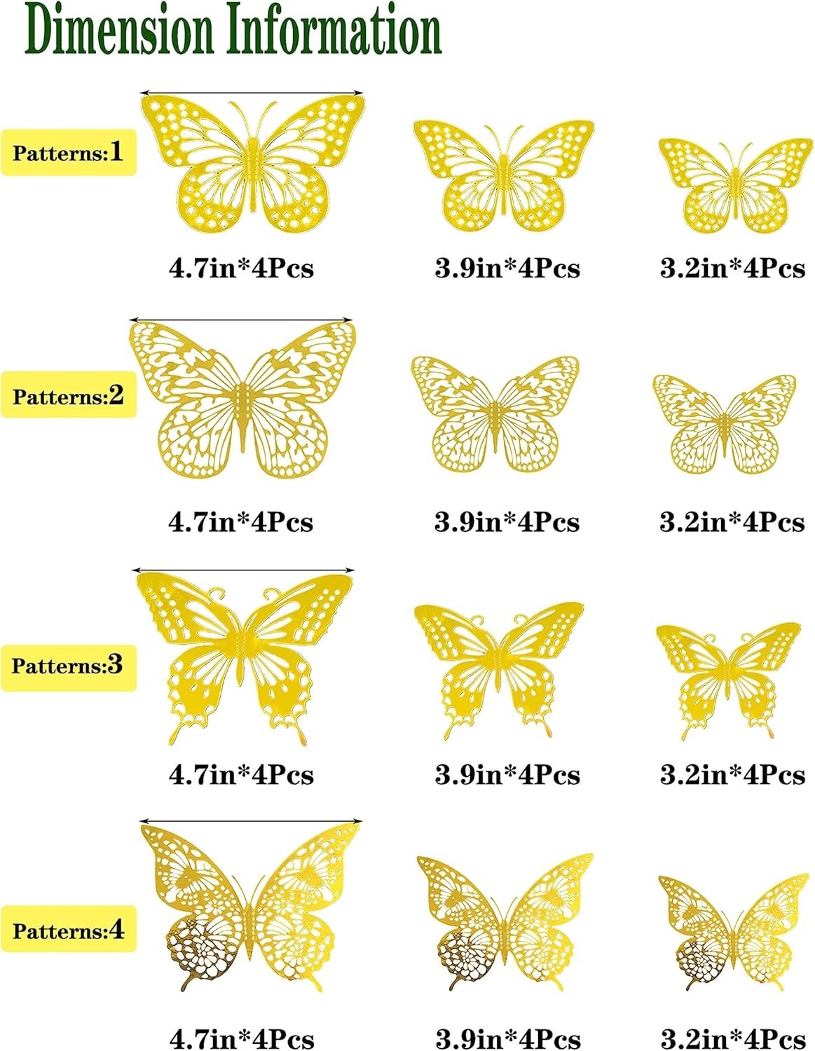 3D Butterfly Wall Decor Sticker -48 Pcs, 4 Styles, 3 Sizes Gold Butterflies D…