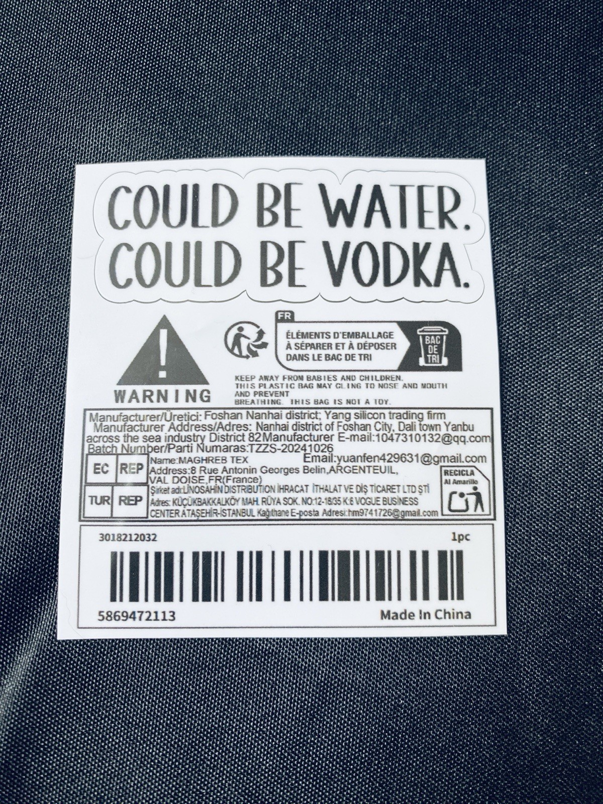 “Could Be Water Could Be Vodka” 1”x 2.75” Glossy Black/White, Sticker/Decal