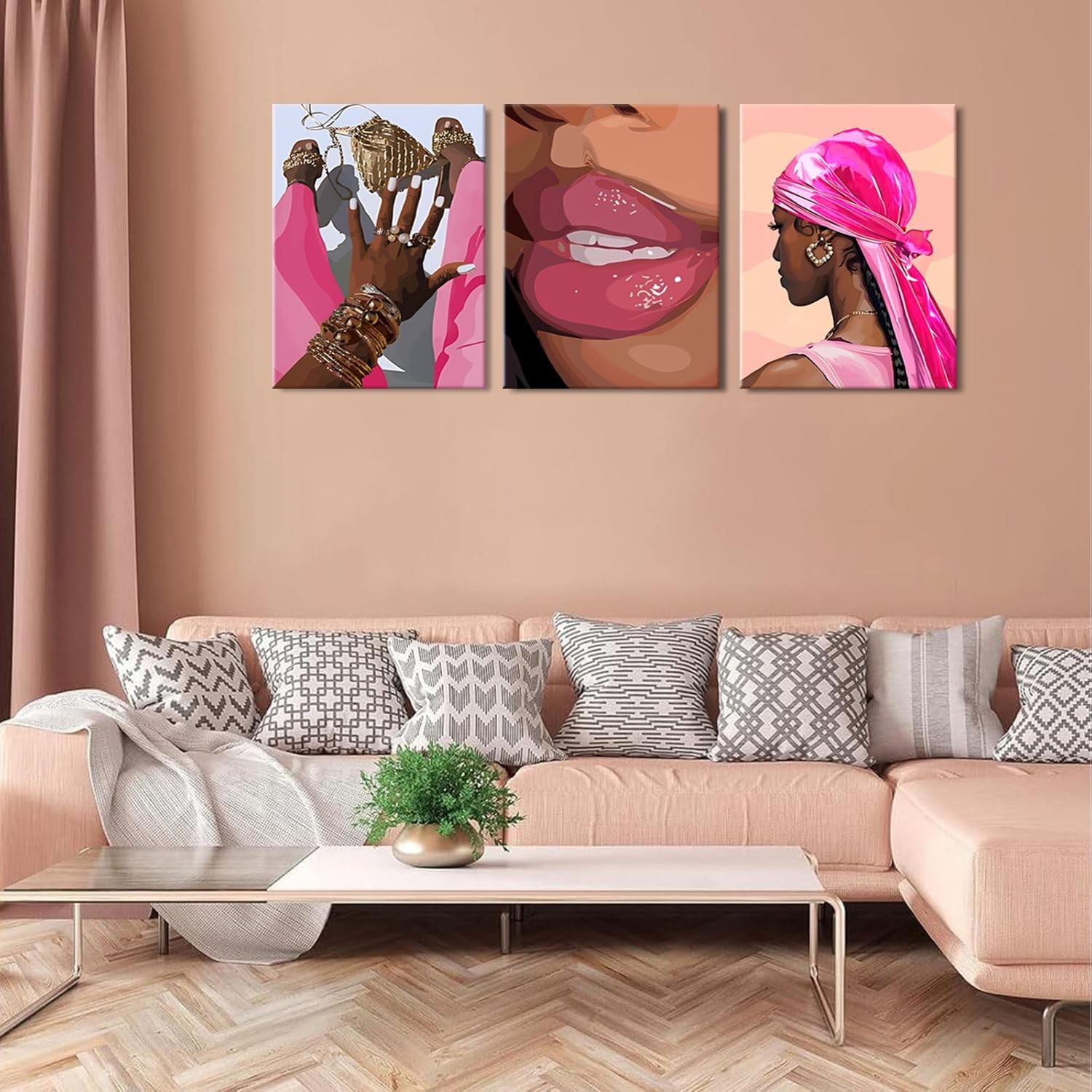 Black Girl Canvas Wall Art Set of 3 Pink African American Black Woman Wall De…