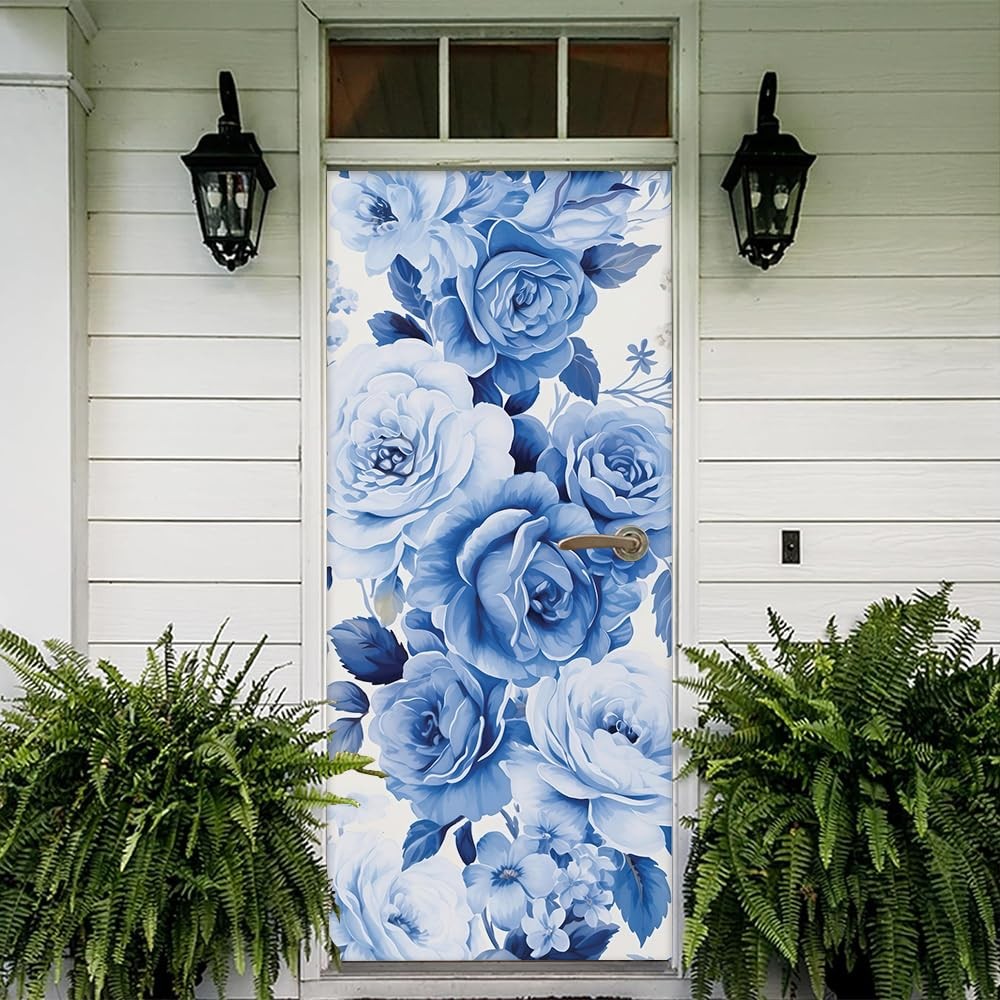 REDAMANCY White Blue Rose Floral Vintage Peel and Stick Door Stickers Vinyl D…