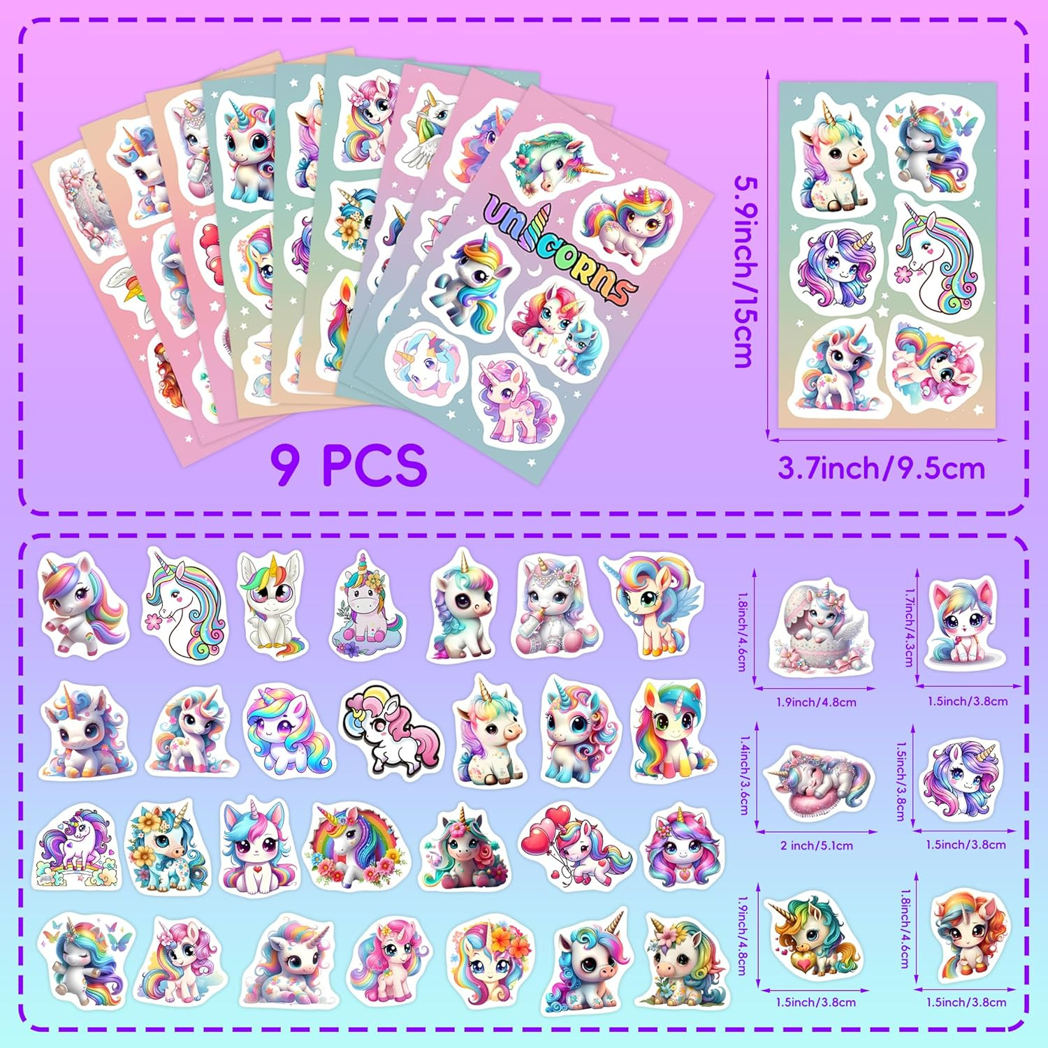 Unicorn Water Bottle Stickers, 54 PCS Vinyl Waterproof Decals for Kids