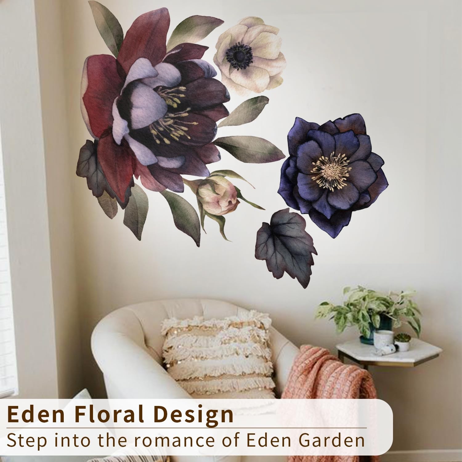 Flortlias Fabric Peel and Stick Floral Wall Decal, Self-Adhesive Peony Flower…