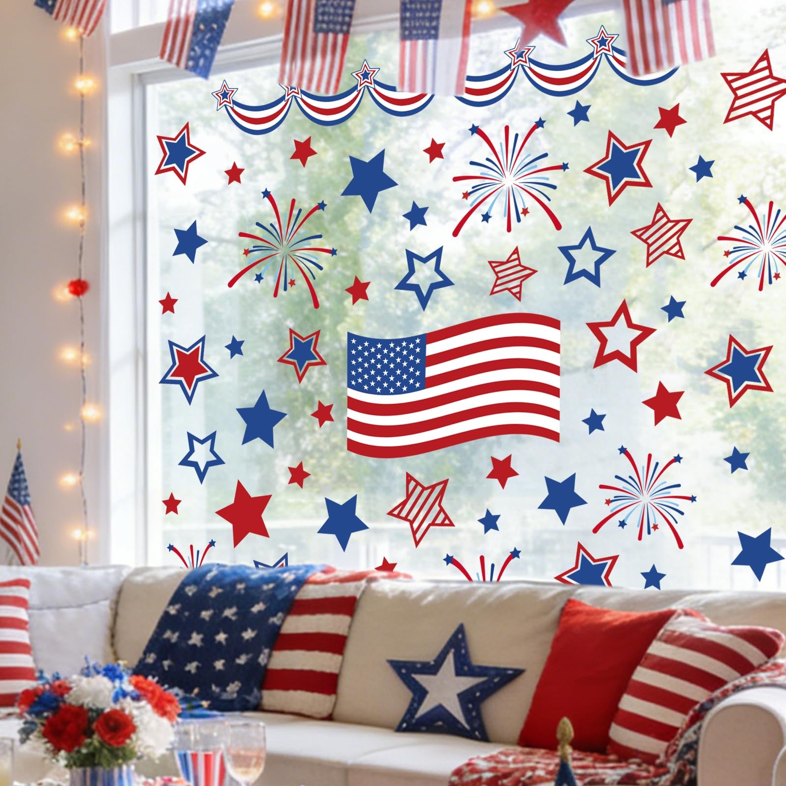 FYSUIMU 9 Sheets 4th of July Window Clings American 7.1 x 11.8 inch, Blue Red
