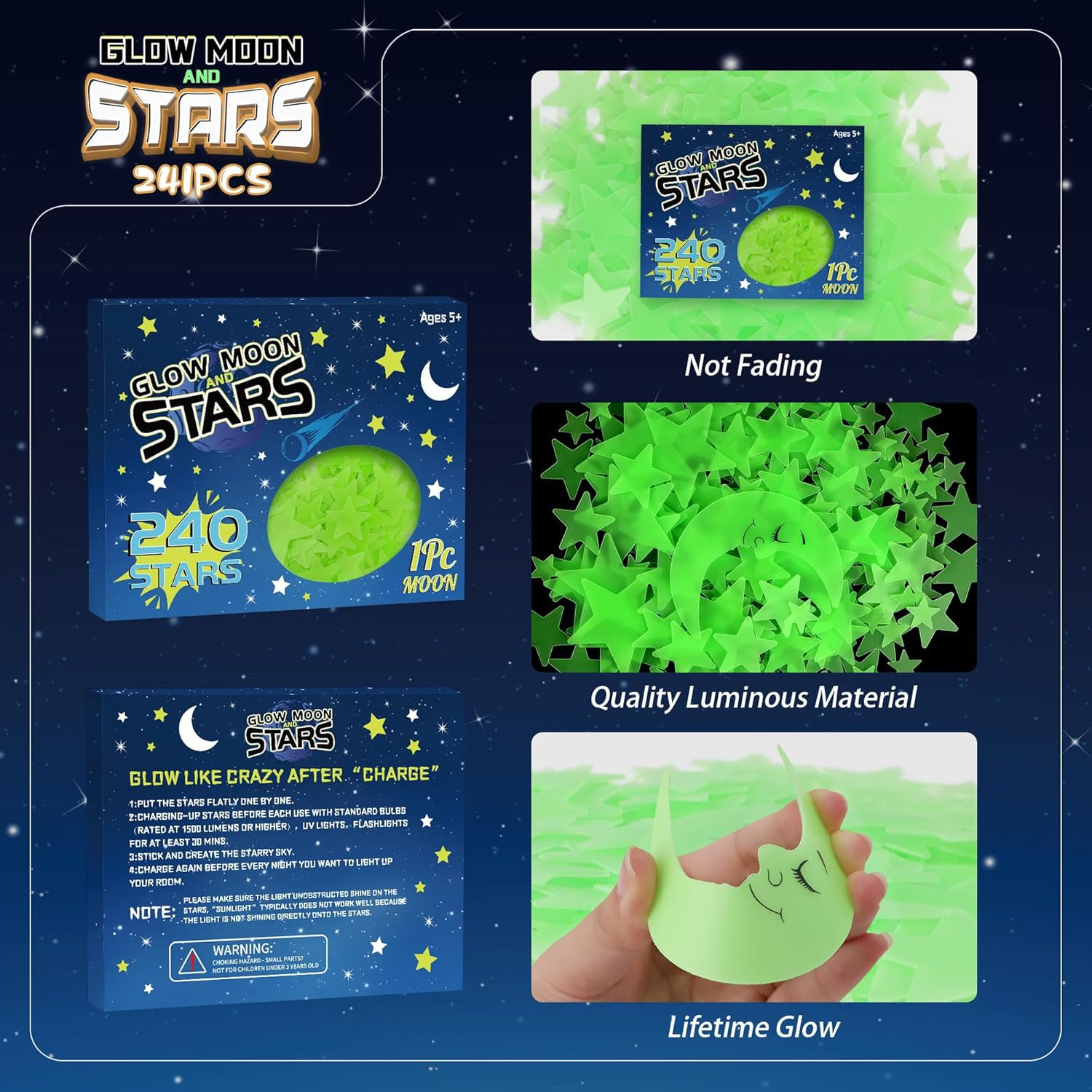 241PCS Glow in the Dark Stars Stickers for Ceiling Wall Room Decor – Green