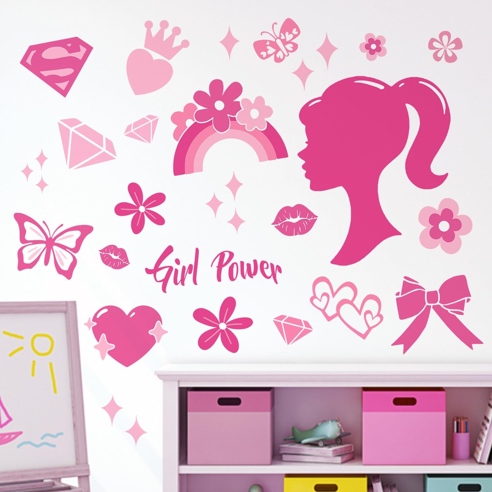 Pink Girl Power Wall Decals Stickers, Inspirational Rainbow Bow-Knot