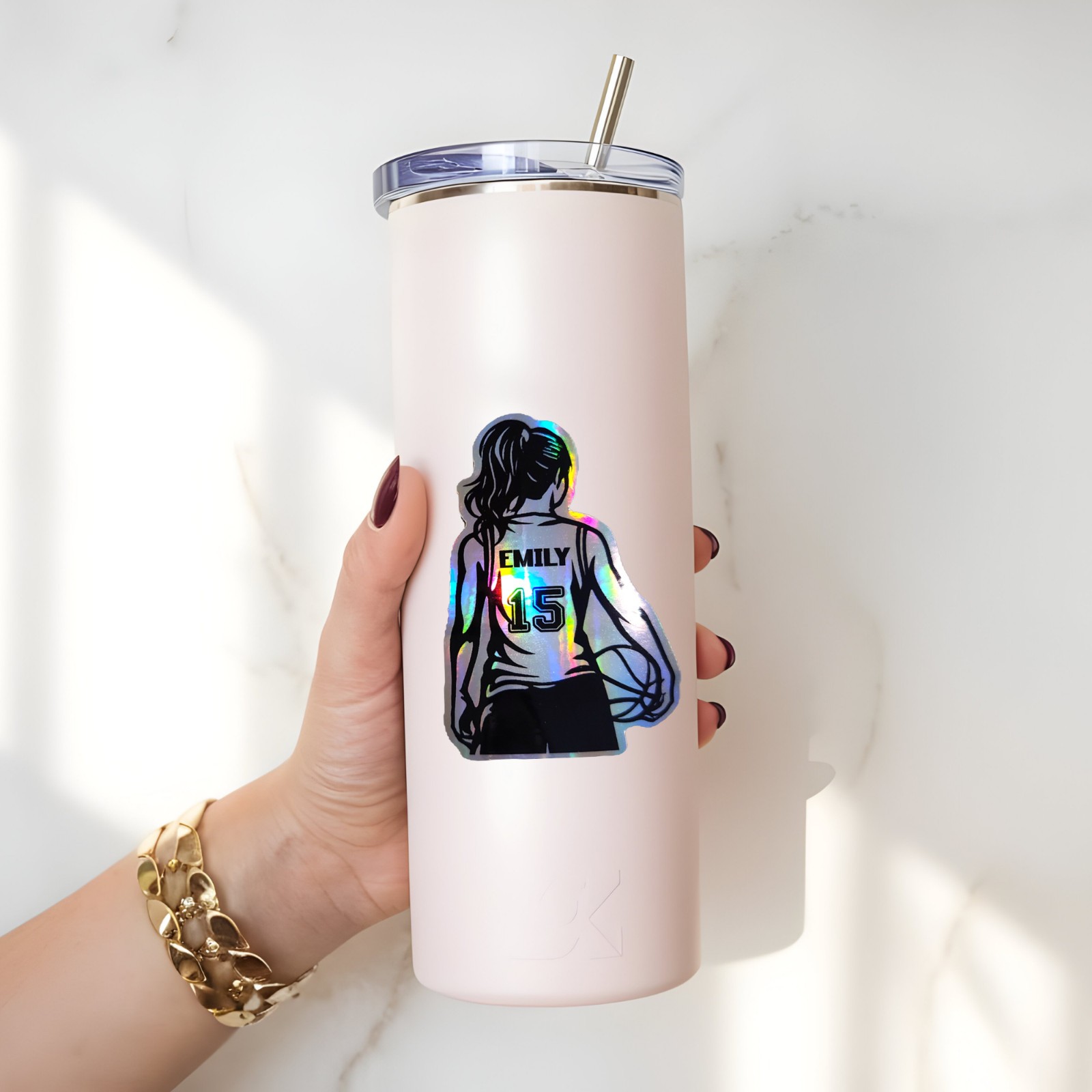 Personalized Girl Basketball Player Holographic Sticker | Custom Name & Number