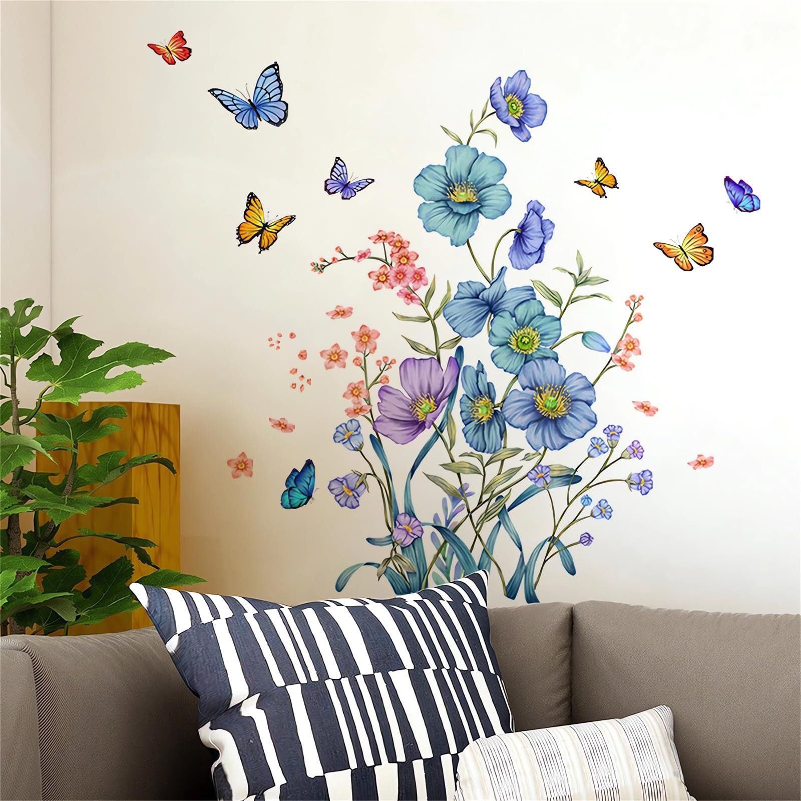 Blue Botanical Flower Butterfly Wall Stickers, sacinora Floral Art Green Plan…