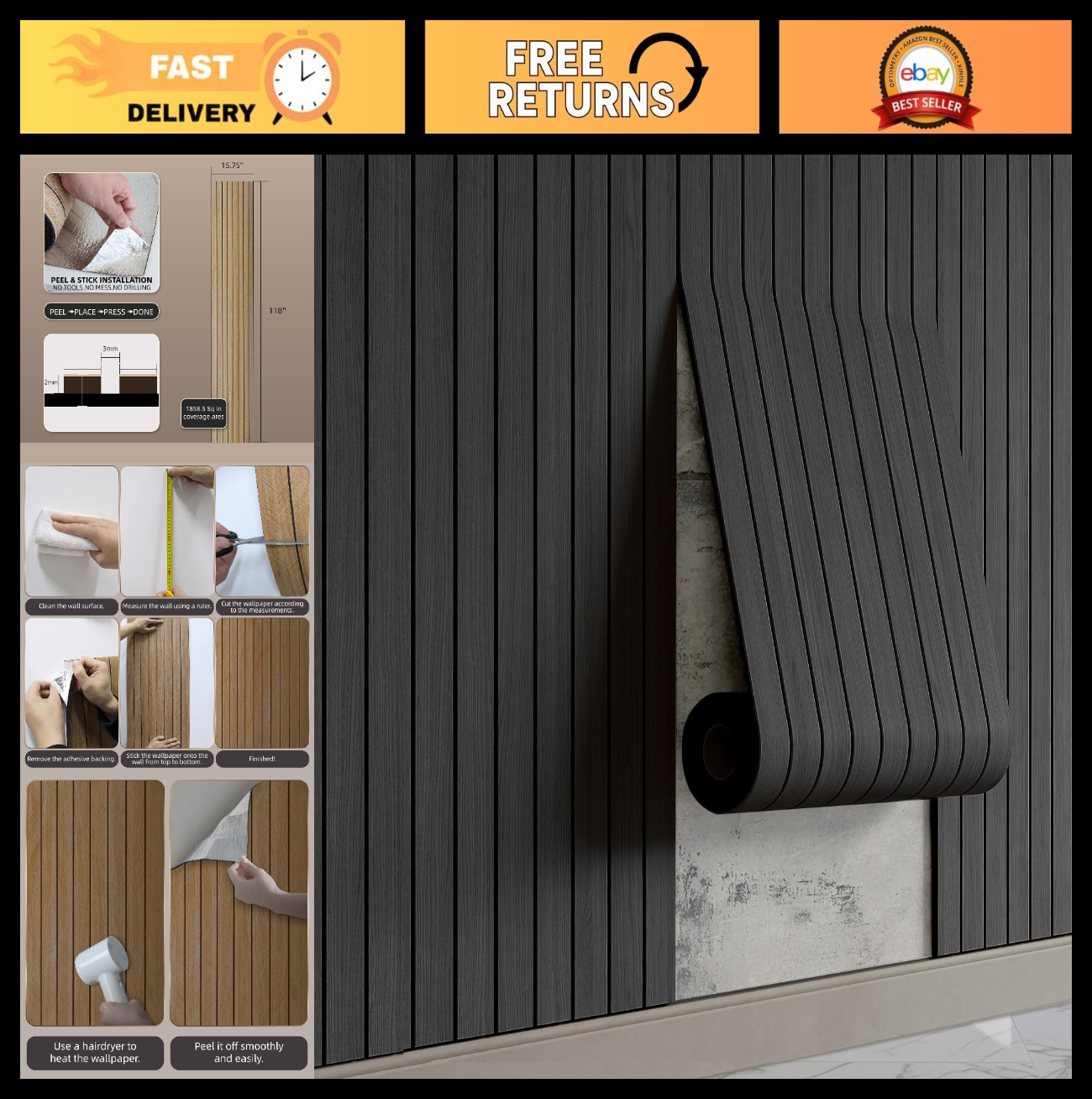 Self-Adhesive PVC Slat Wall Panels – Peel & Stick Faux Black Oak Wood 3D Decor