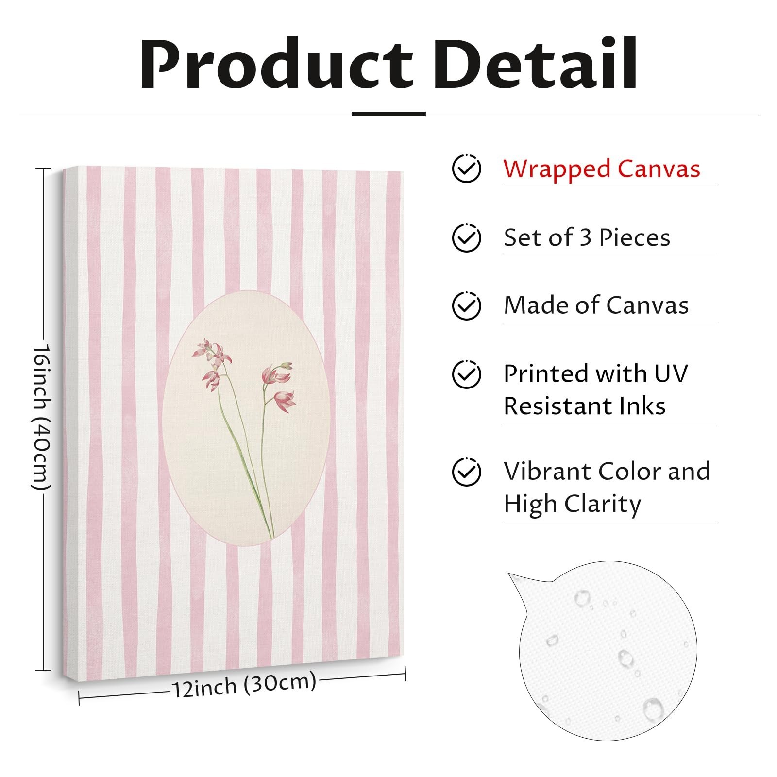 Pink Flower Wall Art Striped Floral Prints Botanical Canvas Wall Decor Aesthe…