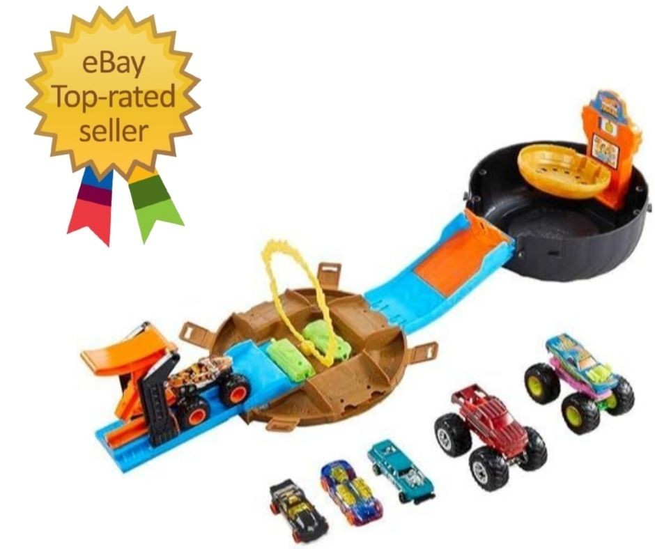 Toy Monster Trucks Playset, Tire-Shaped Case Transforms into Race Course, 3 T…
