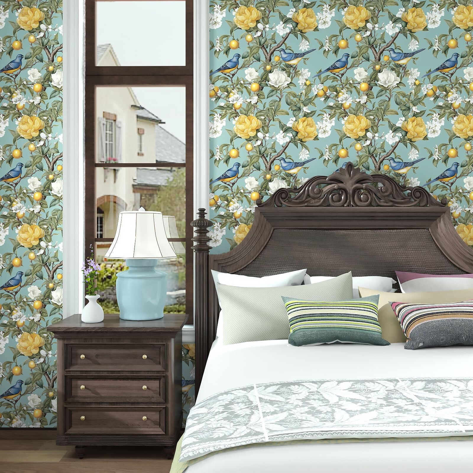 Danodoi Blue Lemon Tree Peel and Stick Wallpaper – Green Floral Contact Paper…