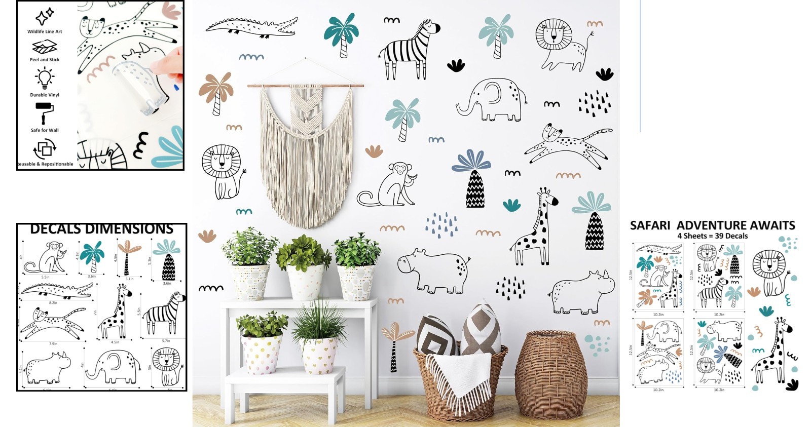 Durable Vinyl Safari Animal Wall Art – 39 Repositionable Decals for Kids' Rooms