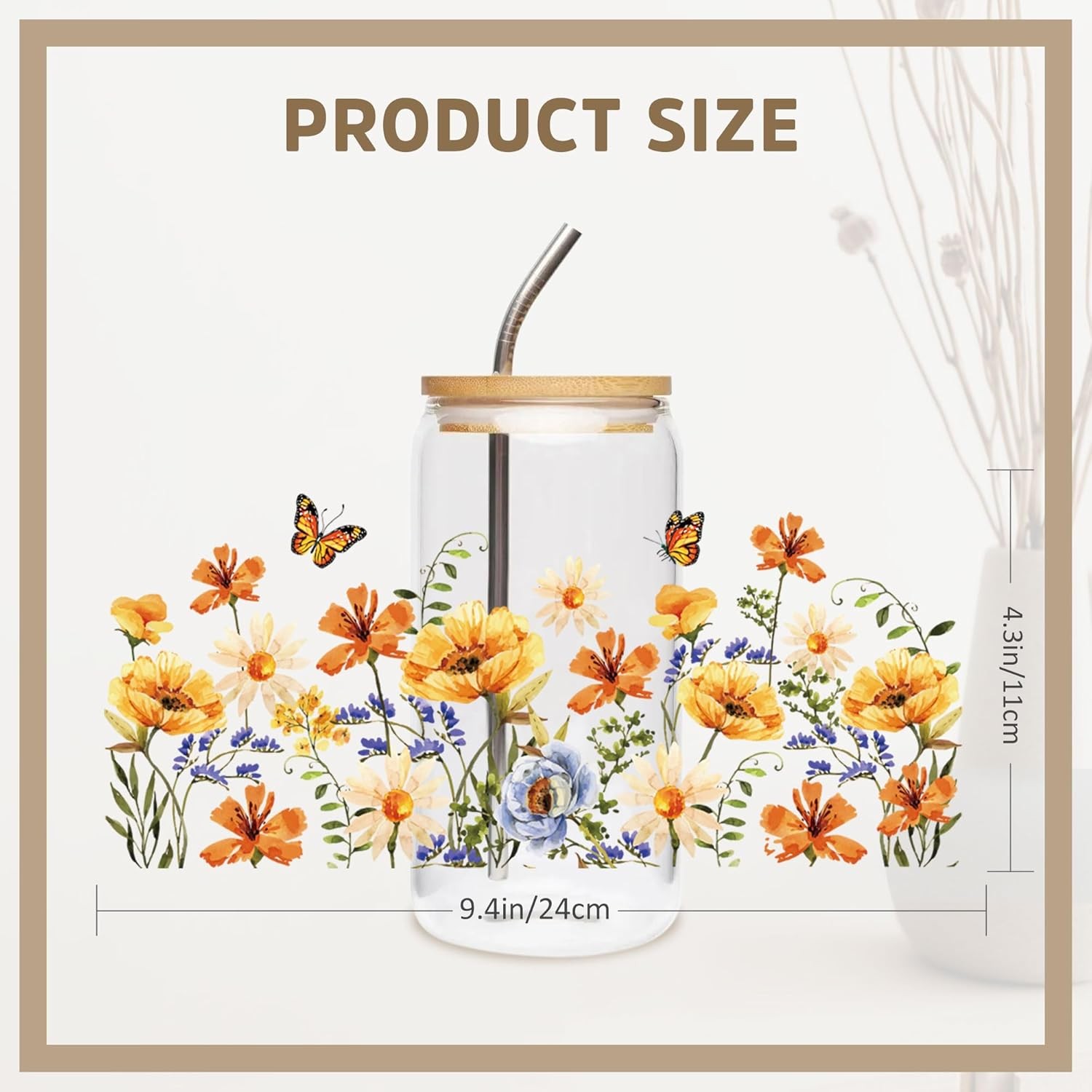 8 Sheets Flower UV DTF Cup Wraps for 16oz Glass Cups Waterproof Transfers