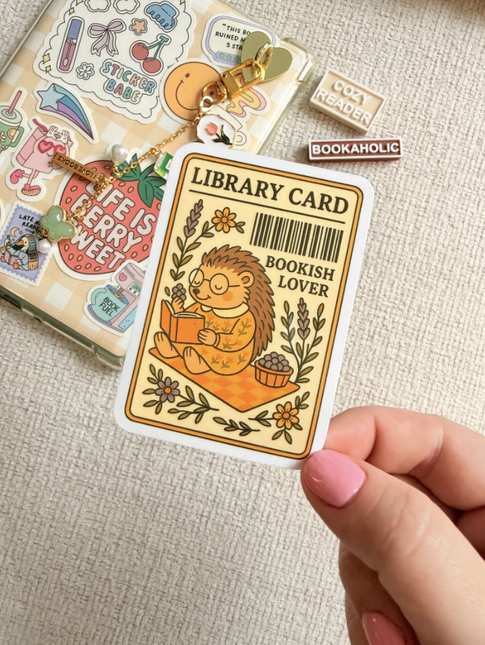 Library Card Reading Hedgehog Sticker Bookish Book Lover Aesthetic