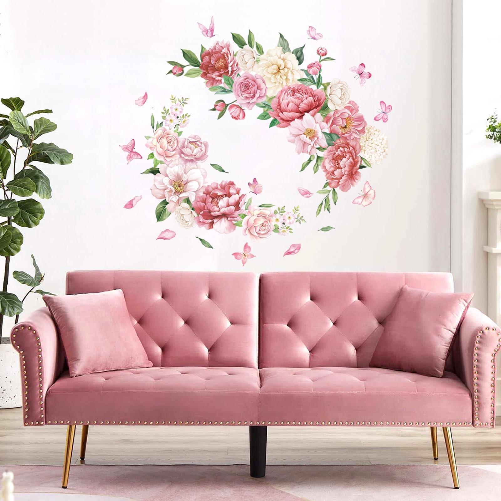 Peony Watercolor Wall Stickers Pink & White Floral Wall Decals Botanical Peel